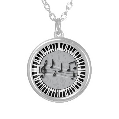 Circular Piano keys with musical notes centre Silver Plated Necklace
