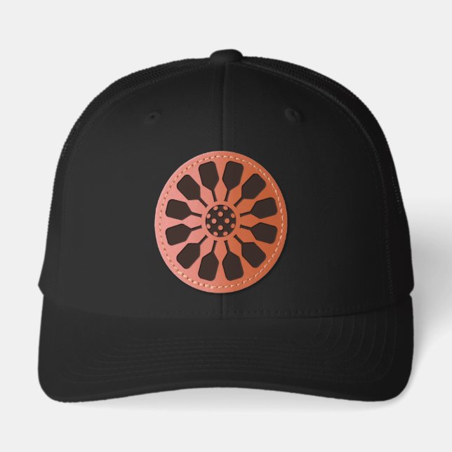 Circular Pickleball Sports Logo With Paddles Leather Patch Hat (Front)