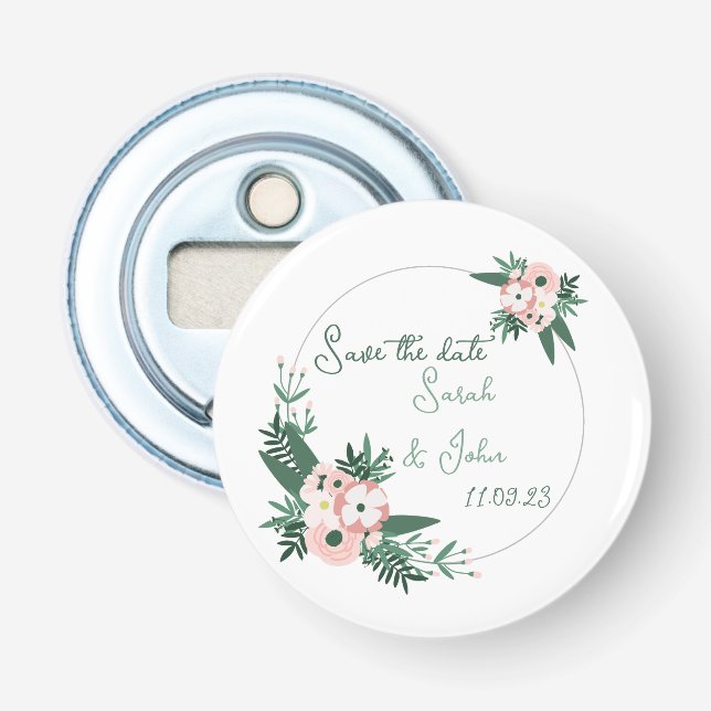 Circular pink, gray, teal flower save the date bottle opener (Front)