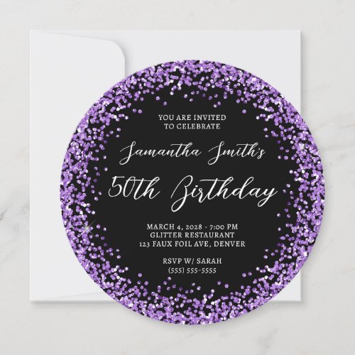 Circular Purple Glitter Black 50th Birthday Invitation