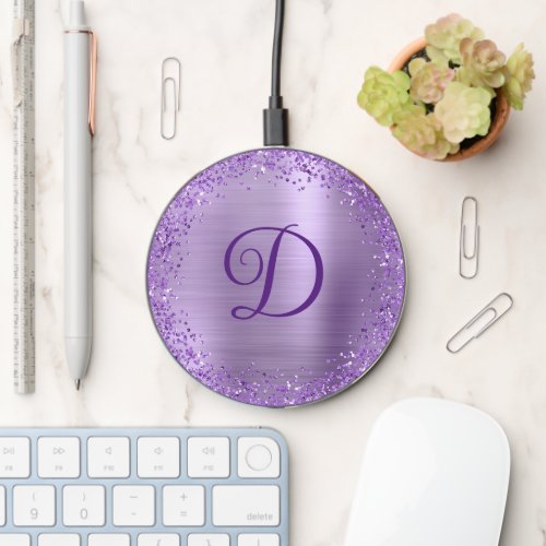 Circular Purple Glitter Border and Foil Monogram Wireless Charger