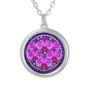 Circular Purple Orchid Floral Arrangement Silver Plated Necklace
