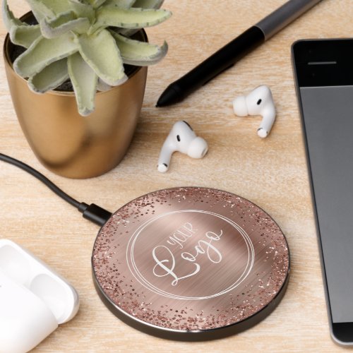 Circular Rose Gold Glitter and Foil Logo Wireless Charger