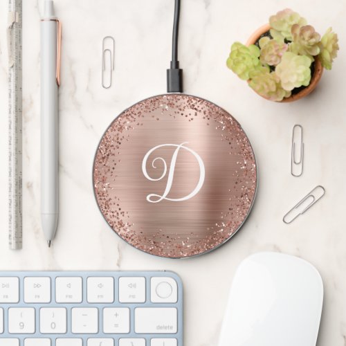Circular Rose Gold Glitter and Foil Monogram Wireless Charger