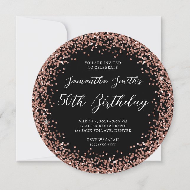 Circular Rose Gold Glitter Black 50th Birthday Invitation (Front)