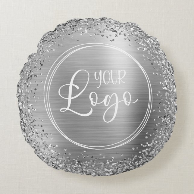 Circular Silver Glitter and Foil Logo Round Pillow (Front)