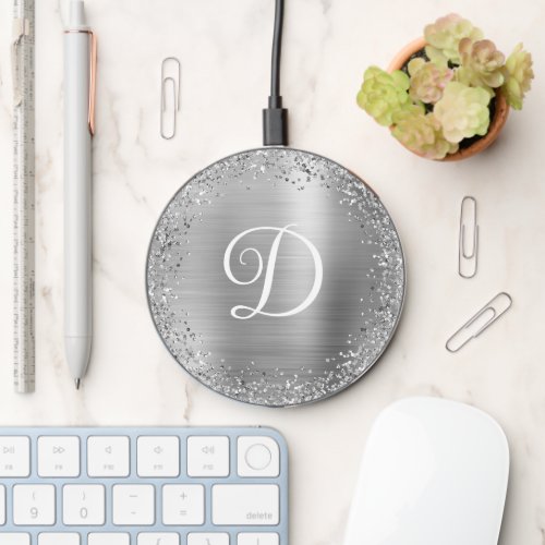 Circular Silver Glitter Border and Foil Monogram Wireless Charger
