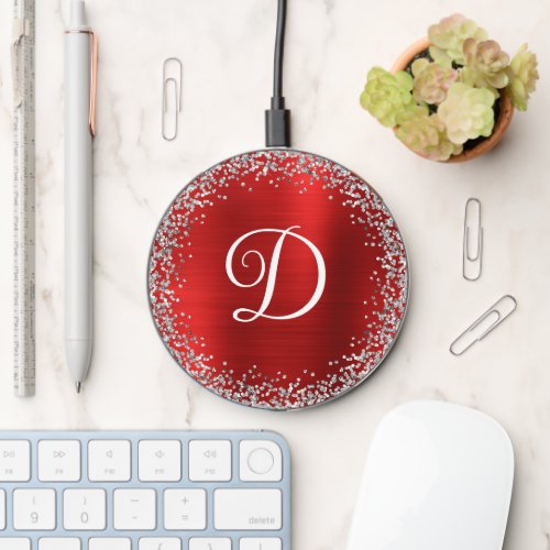 Circular Silver Glitter Border Red Foil Monogram Wireless Charger