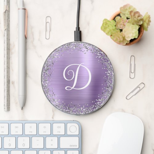 Circular Silver Glitter Light Purple Foil Monogram Wireless Charger