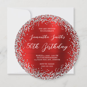 Circular Silver Glitter Red Foil 50th Birthday Invitation