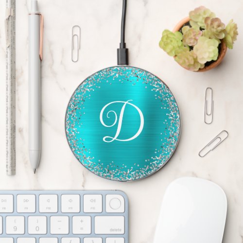 Circular Silver Glitter Turquoise Blue Monogram Wireless Charger