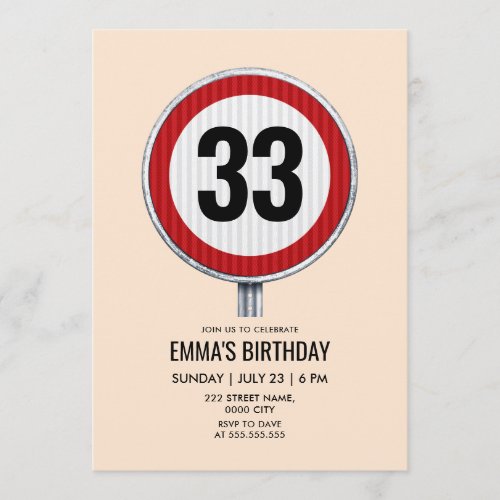 Circular speed sign with custom age birthday party invitation