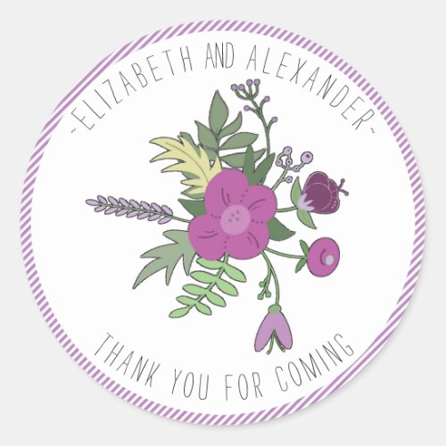 Circular Text and Stripe Floral Wedding Thank You Classic Round Sticker