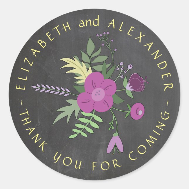 Circular Text Chalkboard Floral Wedding Thank You Classic Round Sticker (Front)