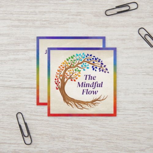 Circular tree with rainbow chakra leaves square business card
