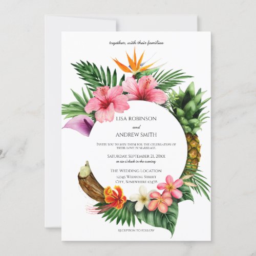 Circular Tropical Hawaiian Floral CoconutW Wedding Invitation