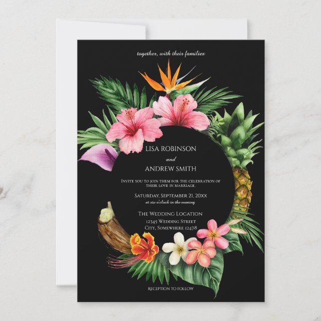 Circular Tropical Hawaiian Floral Wedding- Black Invitation (Front)