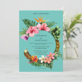Circular Tropical Hawaiian Floral Wedding- Blue Invitation (Standing Front)