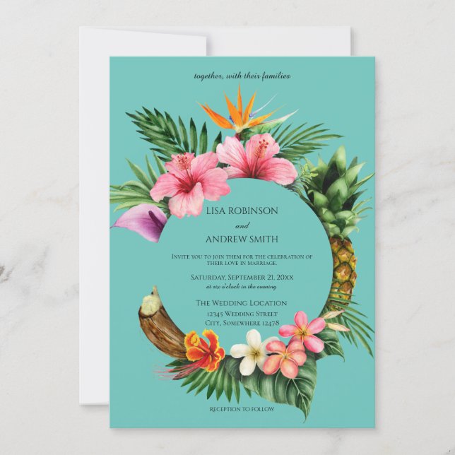 Circular Tropical Hawaiian Floral Wedding- Blue Invitation (Front)