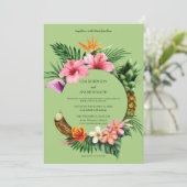 Circular Tropical Hawaiian Floral Wedding- Green Invitation (Standing Front)