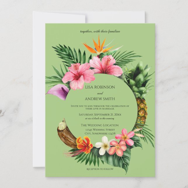 Circular Tropical Hawaiian Floral Wedding- Green Invitation (Front)