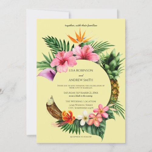 Circular Tropical Hawaiian Floral Wedding_ Yellow Invitation