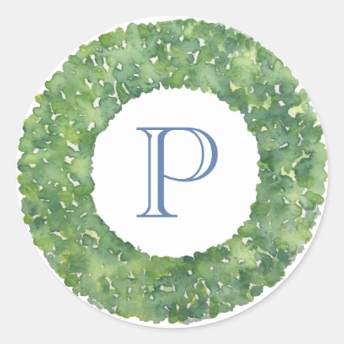 Circular Winter Greenery Wreath Monogram Blue Classic Round Sticker - Handpainted watercolor boxwood green wreath. Add your first or family initial to the design for stylish envelope seals or parcel stickers.