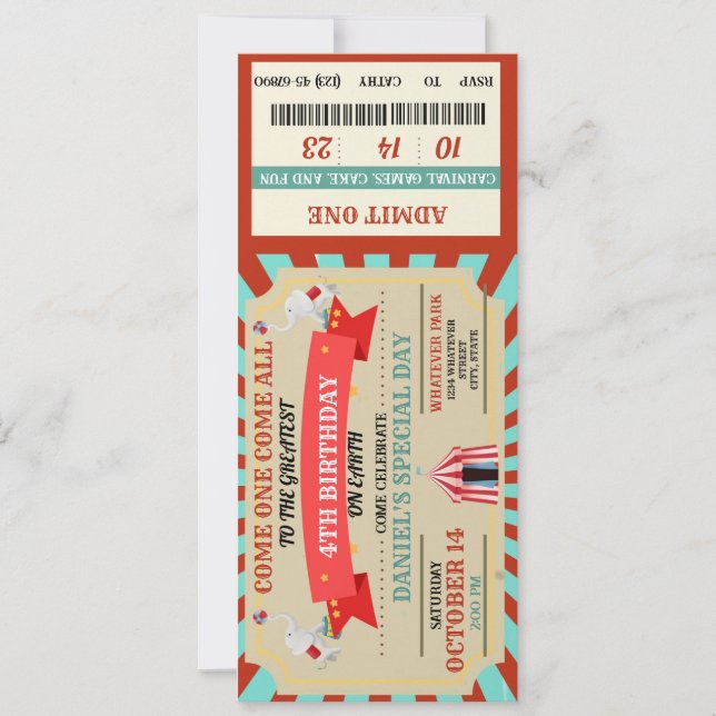 Circus Adventure Birthday Ticket (Front)