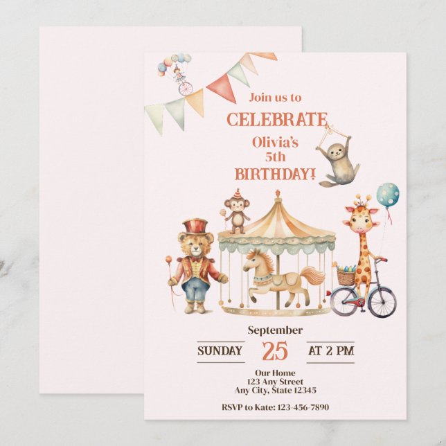 Circus Animal Birthday Invitation (Front/Back)
