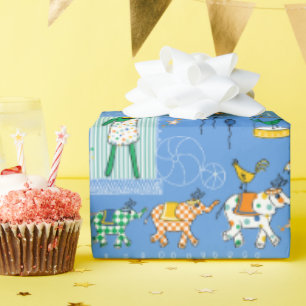 Circus Animal Performers on Blue Wrapping Paper