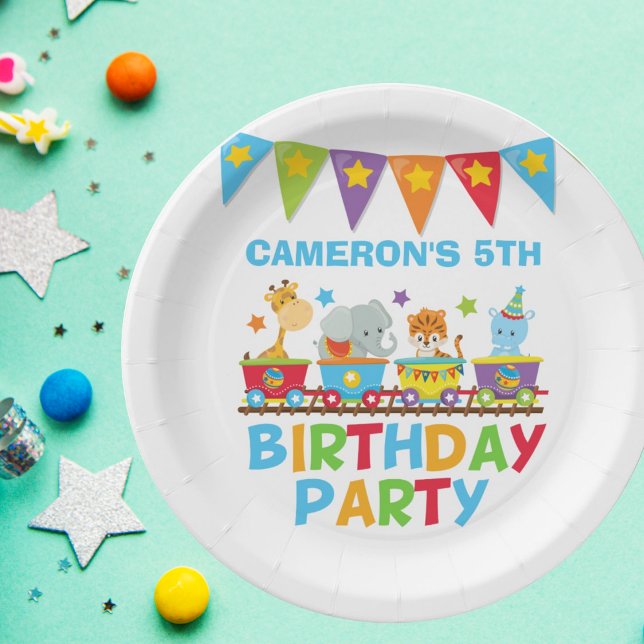 Circus Animal Train Cute Kids Name Birthday Party Paper Plates (Creator Uploaded)