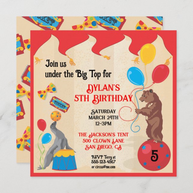 Circus Animals Birthday Party Invitation Card (Front/Back)