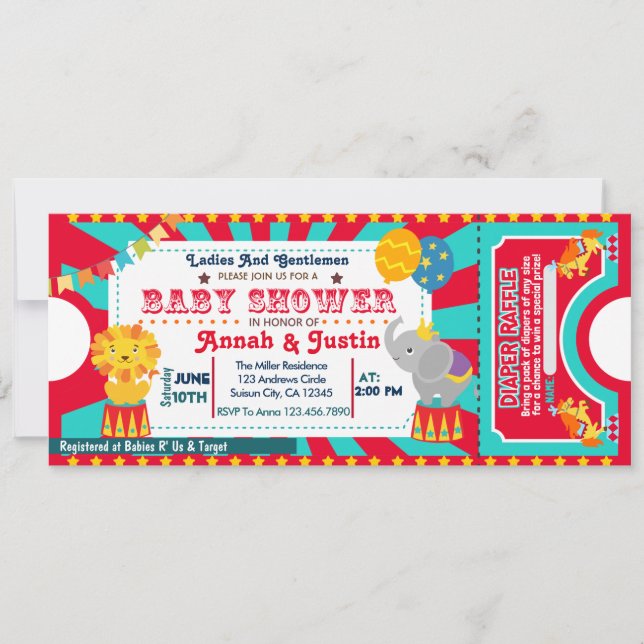 Circus baby shower invitation - diaper raffle (Front)