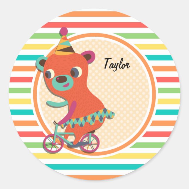 Circus Bear; Bright Rainbow Stripes Classic Round Sticker (Front)