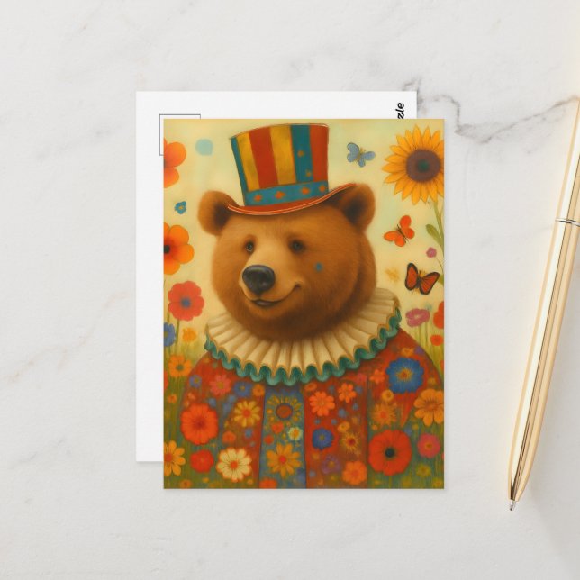 Circus Bear in Flowers Postcard (Front/Back In Situ)