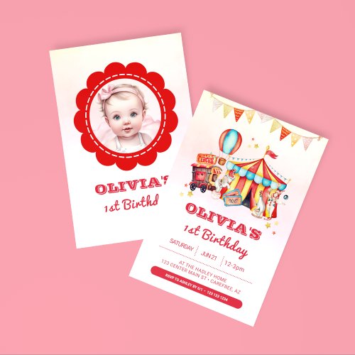 Circus Big Top 1st Birthday Photo Invitation