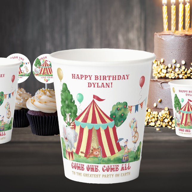 Circus Big Top and Carnival Animals Personalized Paper Cups (Circus Themed Paper Cups personalized for Kids Birthday)
