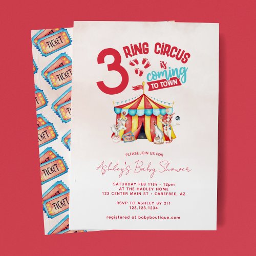Circus Big Top Triplets Baby Shower Invitation