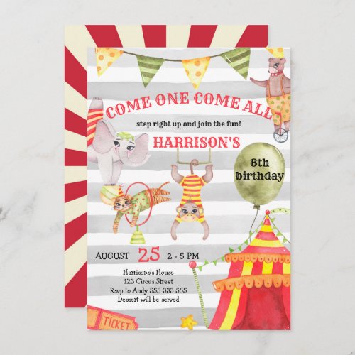 Circus Birthday Carnival Cute Watercolor Kids Invitation
