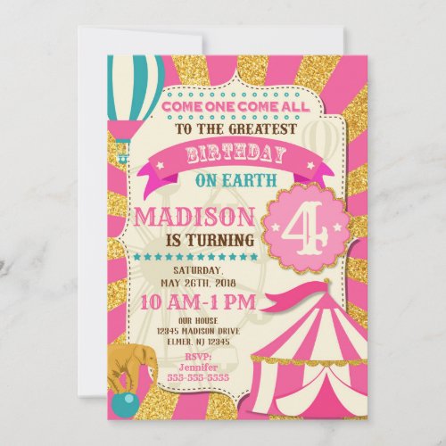 Circus Birthday Invitation Carnival Pink Gold