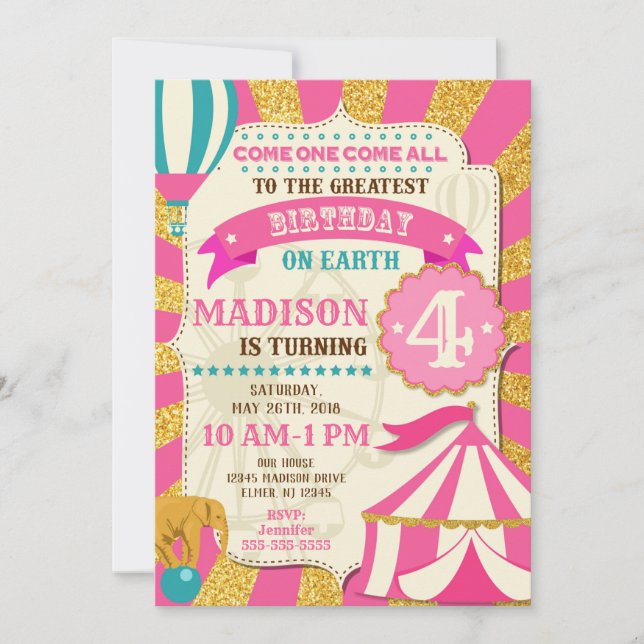 Circus Birthday Invitation Carnival Pink Gold (Front)