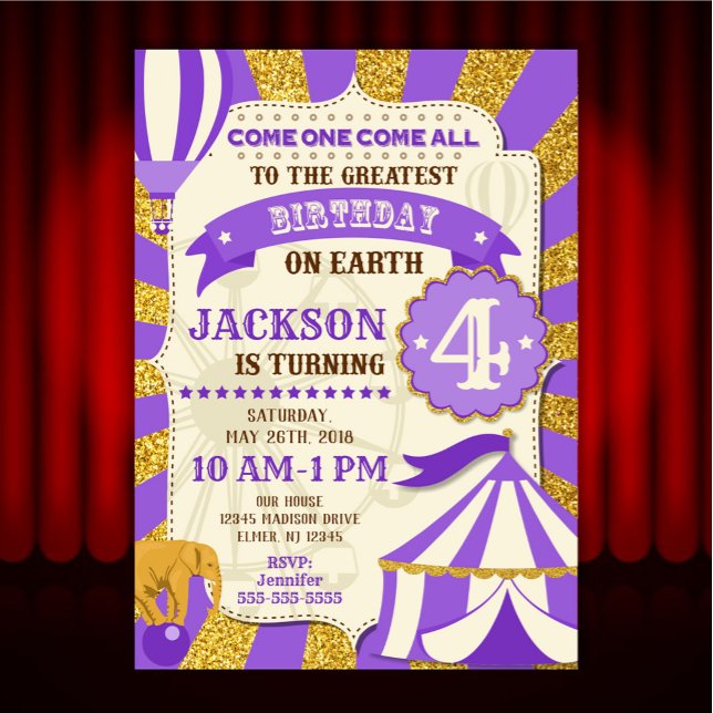 Circus Birthday Invitation Carnival Purple Gold (Creator Uploaded)