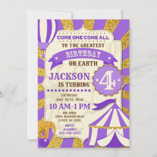 Circus Birthday Invitation Carnival Purple Gold
