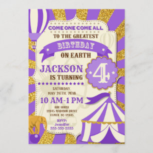 Circus Birthday Invitation Carnival Purple Gold