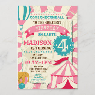 Circus Birthday Invitation Girl Carnival Invite