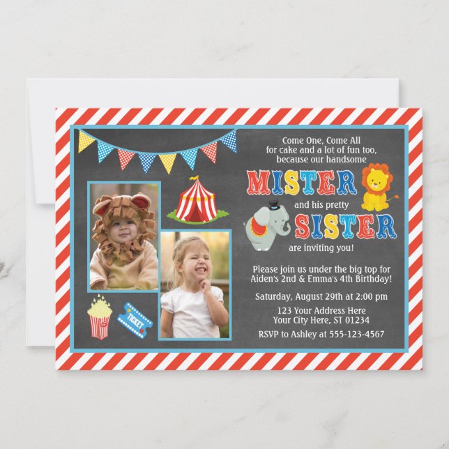 Circus Birthday Invitation | Siblings Carnival (Front)