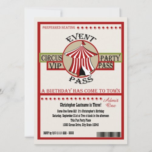 Circus Birthday Party Event Pass Invitation