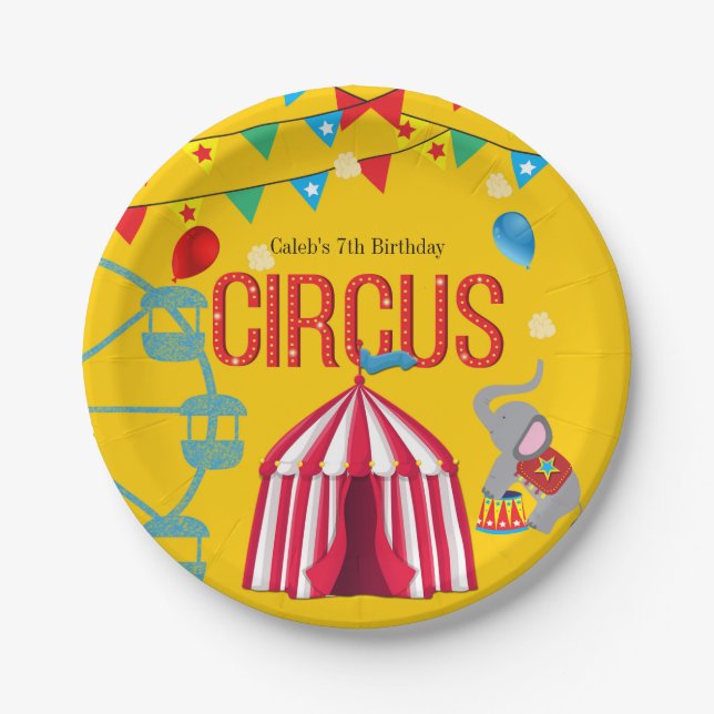 Circus Birthday Party Fun Yellow Colorful Paper Plates (Front)