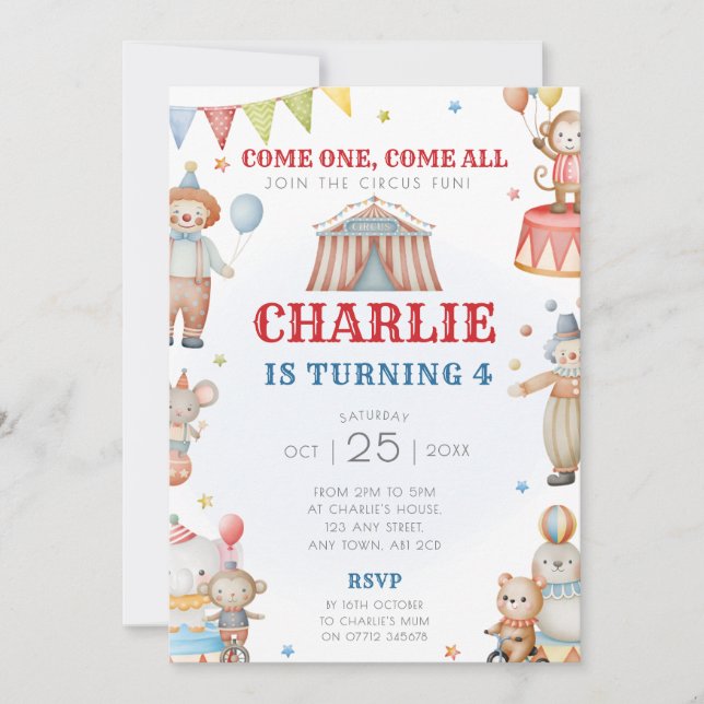 Circus Birthday Party Invitation Carnival Theme (Front)