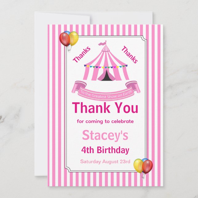 Circus Birthday Party Pink Thank You Card (Front)